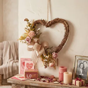Vintage Heart Shaped Rattan Wreath Artificial Rose Flower Bow Door Wall Hanging Decor For Valentine Wedding Home Decor