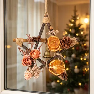 Rustic wooden star Christmas wreath with pine cones and dried orange slices for holiday decor.