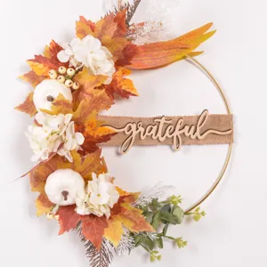 Autumn iron art wreath wall hanging with artificial maple leaves pumpkins and grateful sign