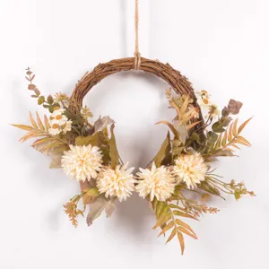 Autumn artificial flower wreath detail, champagne chrysanthemum wall hanging decor.