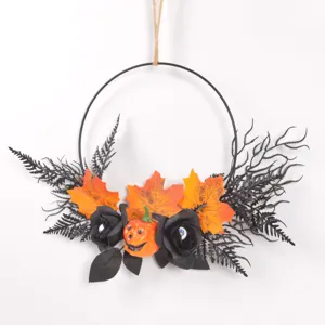 Halloween Kranz Künstlicher Kürbis Schwarze Rose Ahornblatt Girlande Wandbehang Für Heim Party Urlaub Dekor