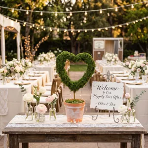 Heart-shaped moss topiary with distressed pot and fairy lights for wedding table decor.