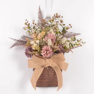 Artificial Flower Wall Hanging Plastic Rattan Flower Basket Bouquet Fake Flowers For Home Front Door Garden Wedding Decor