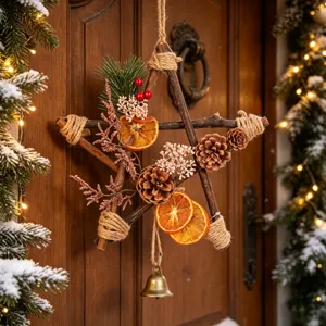 Rustic wooden star Christmas wreath with pine cones and dried oranges for holiday door decor.