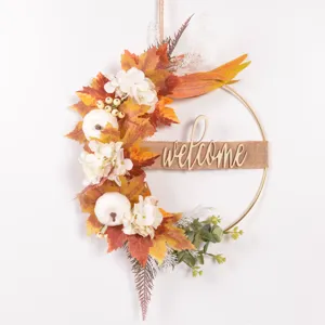 Fall Autumn Iron Wreath Wall Hanging Simulation Maple Leaf Pumpkin Welcome Sign Farmhouse Front Door Decoration