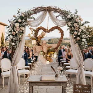 Close-up detail of the wedding ceremony floral arch and heart rattan wreath with roses and bow.