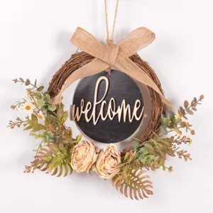 Fall artificial floral wreath door hanging with welcome sign rustic home decor wall ornament