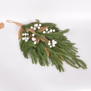 Nordic Christmas Norfolk pine needle wall hanging with white berries for holiday home door decor