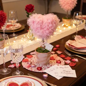 Pink tulle heart topiary potted plant for Valentine's Day and wedding home table decor.