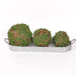 Handcrafted moss rattan decorative balls with galvanized metal tray set for natural home decor.