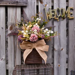 Artificial flower wall hanging basket detail view, great for front door and garden wedding decor.