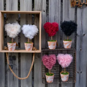 Heart-shaped tulle topiary potted plant, perfect for desktop decoration, wedding and home decor.