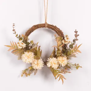 Autumn artificial flower wreath for wall hanging decor, vintage faux floral home ornament.