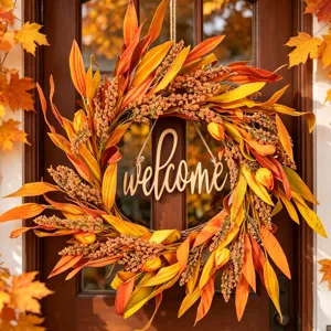 Fall Artificial Plant Rattan Circle Wall Hanging Garland Thanksgiving Harvest Festival Door Wreath Home Decor