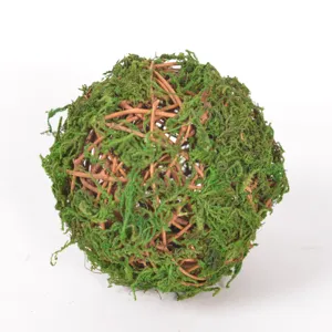 Handmade moss rattan ball detail, natural green floral decoration sphere for wedding yard.