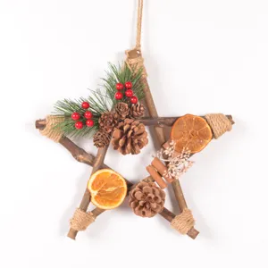 Retro wooden star Christmas wreath pendant featuring pine cones, dried orange slices and berries.