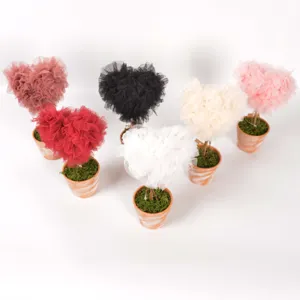 Heart shaped tulle topiary tree potted plant ornament for wedding and home desktop decor.
