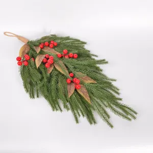 Nordic Christmas Norfolk pine needle red berry swag hanging holiday home wall decor