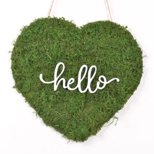 Decorazione da parete a forma di cuore in muschio naturale con scritta hello casa.