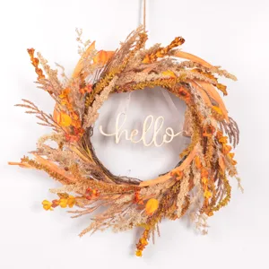 Autumn artificial plant wreath with wooden hello sign, rustic fall door hanging decor.