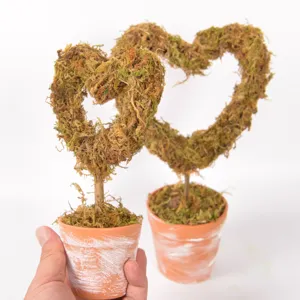 Heart-shaped moss topiary potted plant, vintage distressed pot for wedding desktop decor.