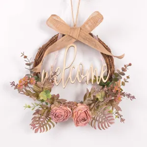 Autumn vintage artificial flower wreath door hanging with welcome sign home decor