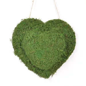 Decorazione sospesa in muschio preservato a forma di cuore, stile foresta verde naturale.