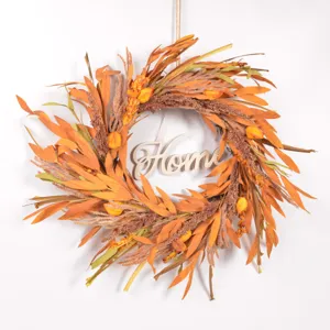 Autumn artificial plant wreath with Home wooden sign for Thanksgiving decor detail.