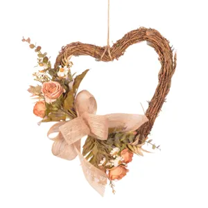 Vintage heart-shaped rattan wreath with artificial roses, green leaves and bow for home door wall decor