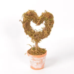 Heart-shaped moss topiary detail, retro distressed pot, perfect desktop decor for wedding.