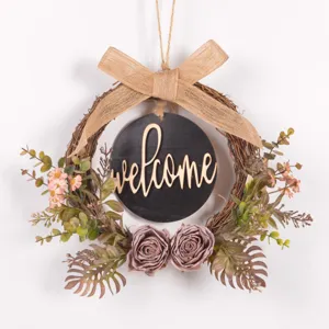 Vintage artificial floral wreath door hanging with welcome sign for home wall decor detail