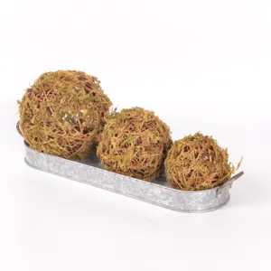 Closeup of natural handmade moss rattan spheres in a rustic galvanized tray for decor.