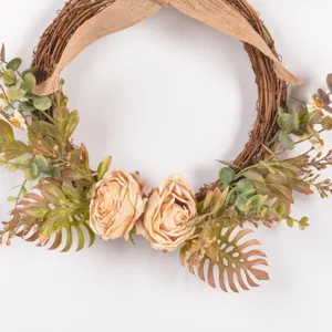 Autumn vintage artificial floral wreath door hanging with burlap bow and beige roses for decor
