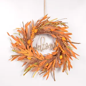 Autumn artificial plant wreath for front door decor, rustic harvest thanksgiving hanging floral sign.