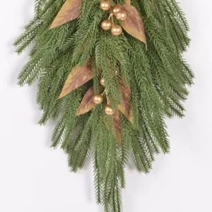 Norfolk pine needle artificial Christmas swag with gold berries and leaves for holiday door wall decor