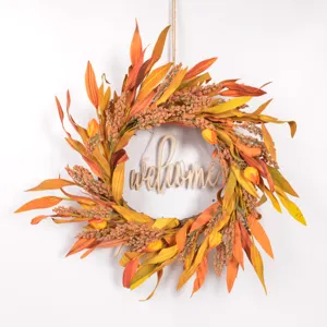 Autumn artificial plant wreath with welcome sign, rustic fall door hanging decoration for front door.