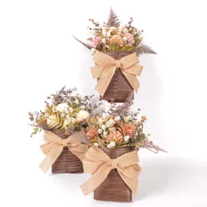 Artificial flower basket set with burlap bow, decorative floral arrangement for home decor.