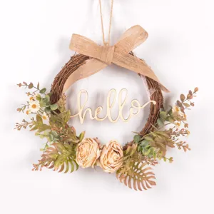 Autumn vintage artificial rattan floral wreath with wooden hello sign for home decor.