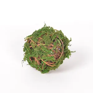 Detailed view of handmade moss rattan ball, natural green decorative sphere for floral design.