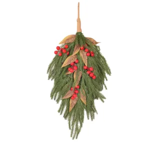 Christmas Norfolk pine hanging decoration with red berries, artificial holiday door wall decor