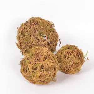 Close-up detail of natural handmade moss rattan balls for floral arrangement and decor.