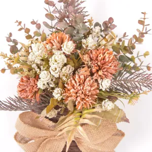 Artificial flower wall hanging rustic bouquet with woven basket and burlap bow decor.