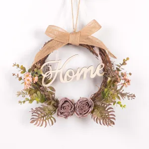 Autumn retro artificial flower wreath door hanging with wooden home sign for wall decoration
