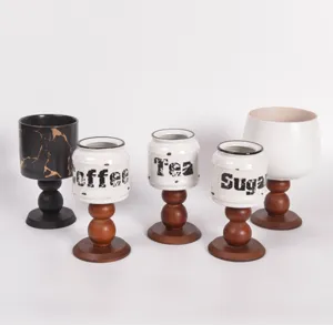 Portacandele calice in ceramica retrò barattolo con base in legno decorazione