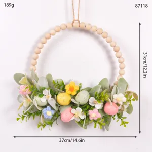 Easter egg wooden bead wreath wall hanging artificial lamb ear leaves holiday home decor