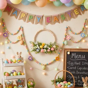 Easter egg wooden bead wreath wall hanging holiday party home decor detail display setup.