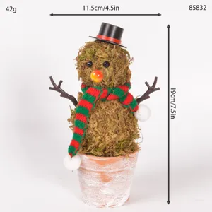 Handmade moss snowman potted plant detail, Christmas tabletop decor with cute scarf and mini pot.