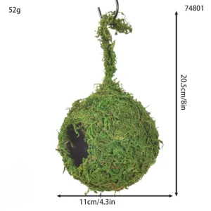 Detail view of natural moss spherical hanging birdhouse, perfect for garden decoration.