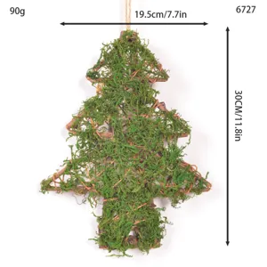Detailed view of the preserved moss Christmas tree hanging, natural twig wall decor piece.