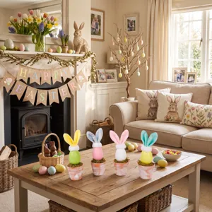 Easter bunny egg potted plant detail scene with colorful felt ears and moss base decor.